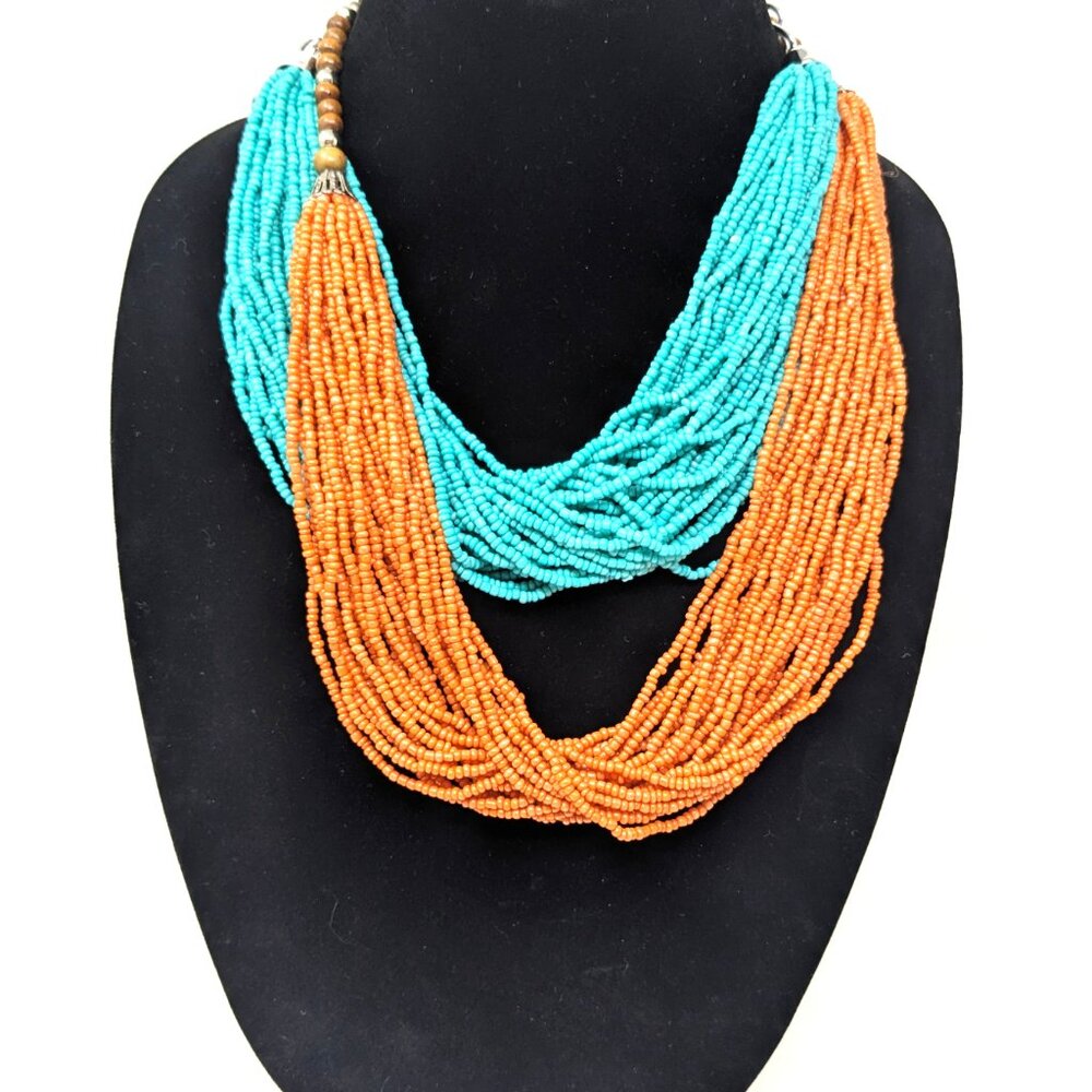 Multi Strand Seed Bead Necklaces Turquoise And Coral Color Boho Statement Set 2